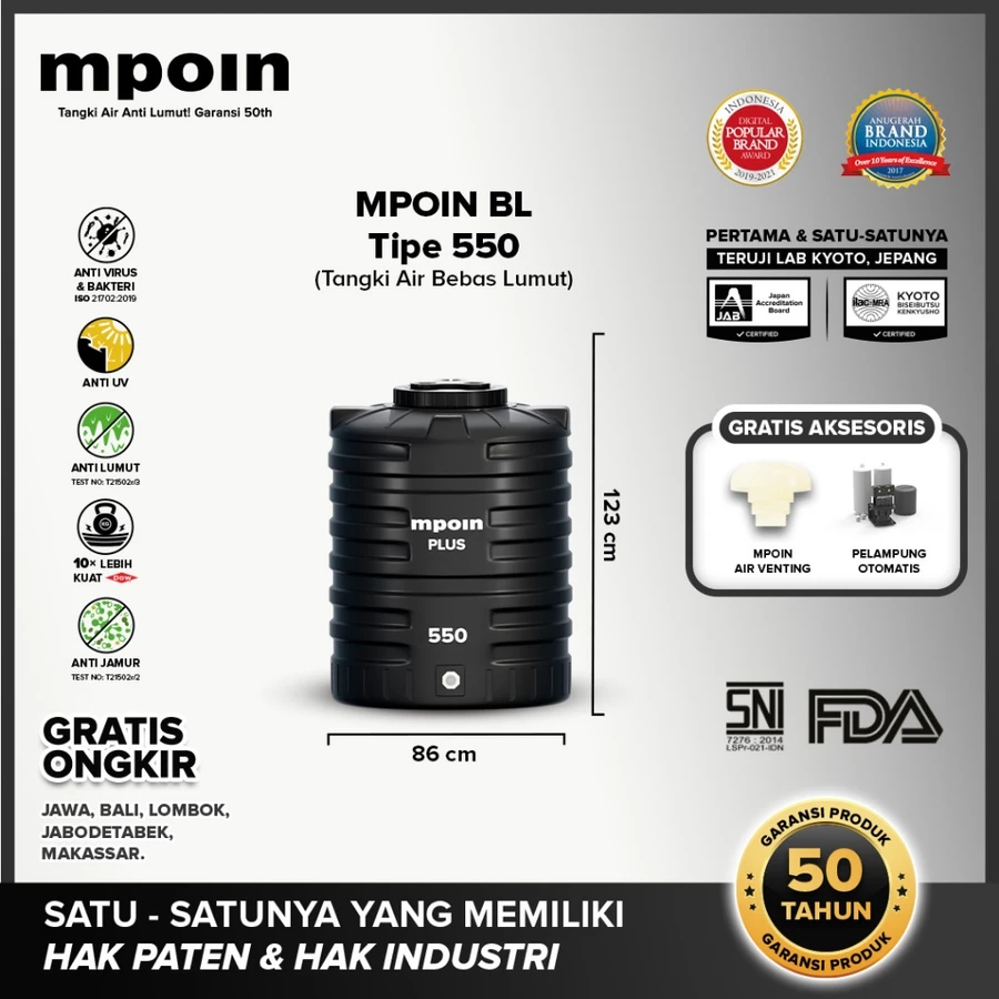 tandon bebas lumut mpoin 550 liter